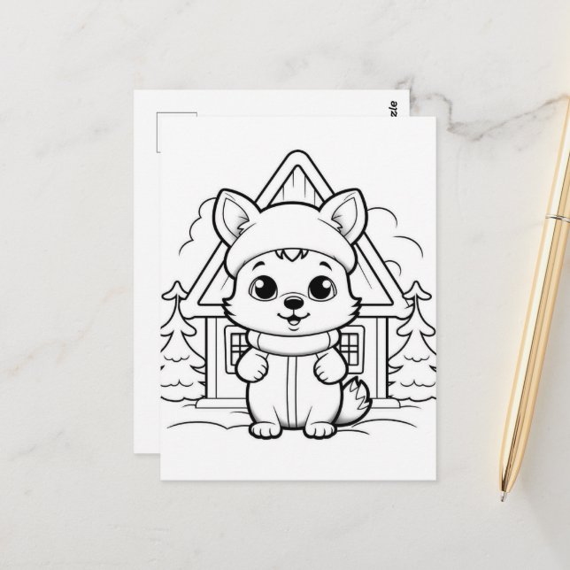 Festive fox kids coloring  postcard (Front/Back In Situ)