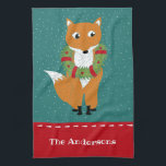 Festive Fox Personalized Christmas Kitchen Towel<br><div class="desc">Create some personalized holiday decor for your kitchen or a special personalized Christmas gift. This kitchen towel features a cute illustration of a Fox with a Christmas wreath around it's neck. The graphic is set against a dark teal background decorated with white snowflake dots. Below is a spot to add...</div>