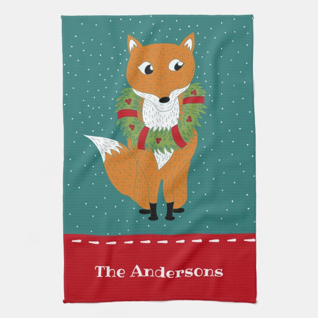 Festive Fox Personalized Christmas Kitchen Towel (Vertical)