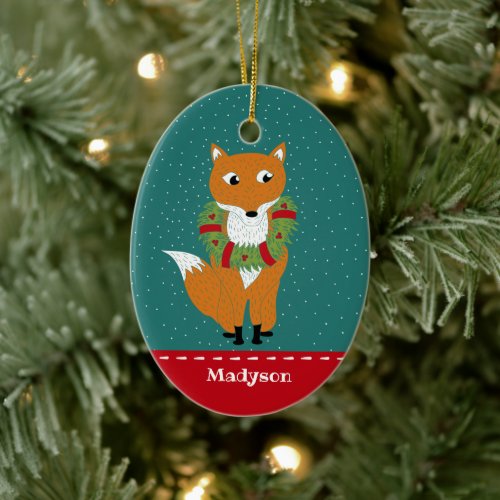 Festive Fox Wearing Christmas Wreath Personalized Ceramic Ornament