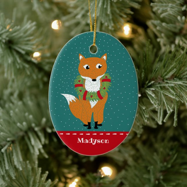 Festive Fox Wearing Christmas Wreath Personalized Ceramic Ornament (Tree)