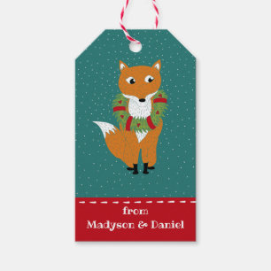 Festive Fox Wearing Christmas Wreath Personalized Gift Tags