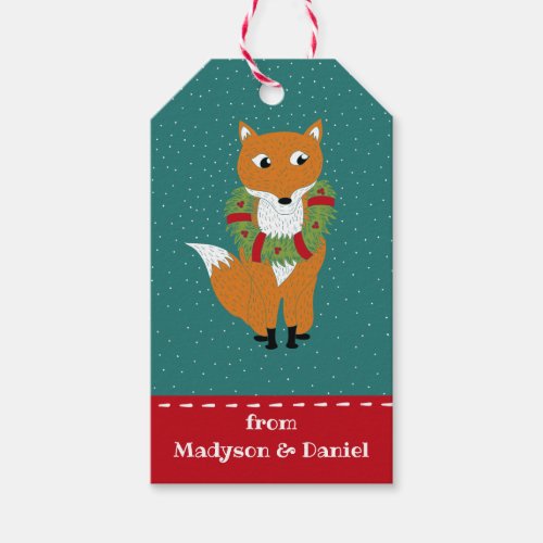Festive Fox Wearing Christmas Wreath Personalized Gift Tags