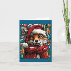 Festive Fox With Snow Santa Hat Winter Christmas A Card