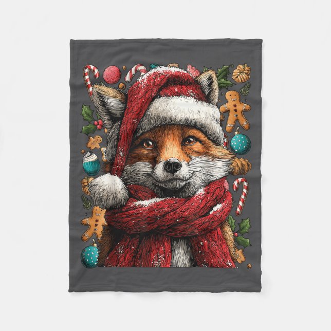 Festive Fox With Snow Santa Hat Winter Christmas A Fleece Blanket (Front)