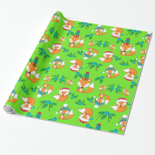 Festive Foxes and Holly Leaves on a Bright Green  Wrapping Paper