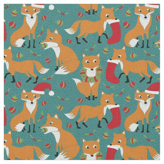 Festive Foxes Pattern Christmas Themed Fabric (Close Up)