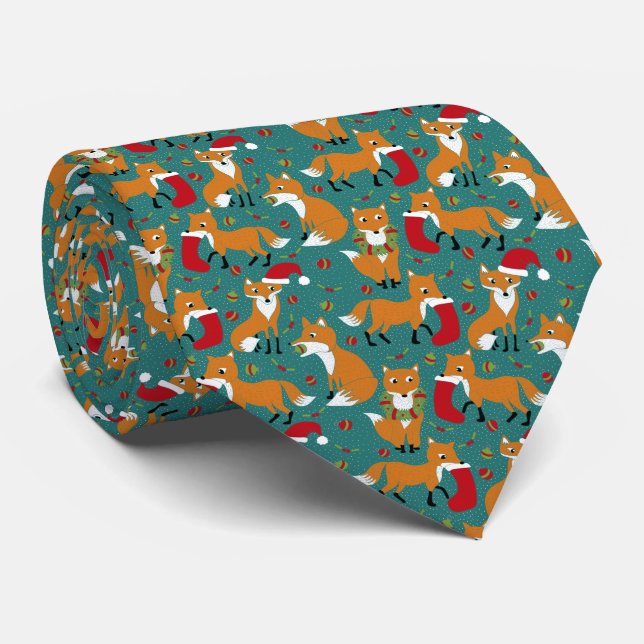 Festive Foxes Patterned Christmas Neck Tie (Rolled)