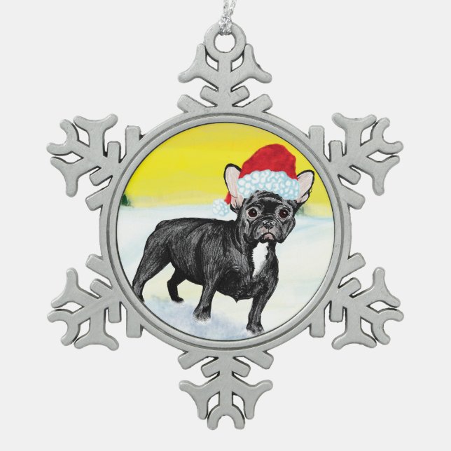 festive french bull dog snowflake pewter christmas ornament (Front)
