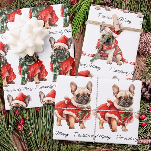 Festive French Bulldog Dogs Cute Puppies Christmas Wrapping Paper Sheets