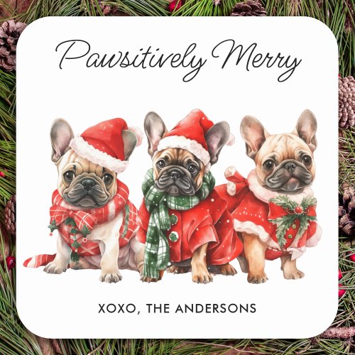 Festive French Bulldog Dogs Personalized Christmas Square Sticker