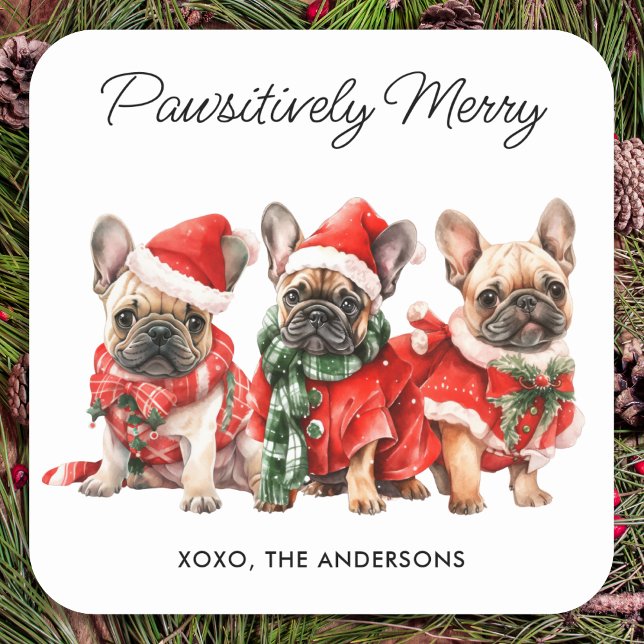Festive French Bulldog Dogs Personalized Christmas Square Sticker (Creator Uploaded)