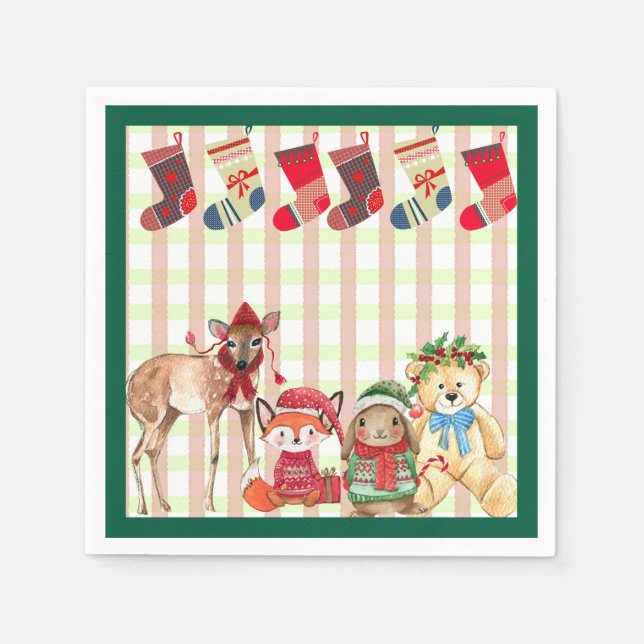 Festive friends with gifts and stockings napkins (Front)
