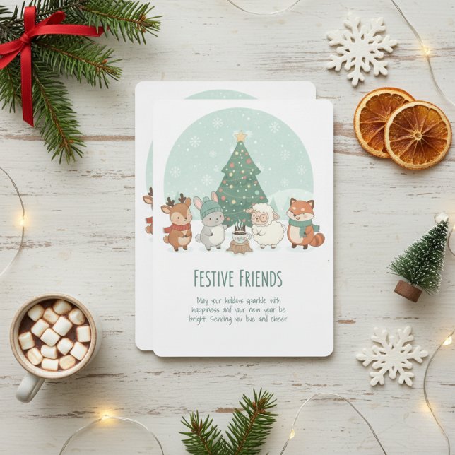 Festive Friends Woodland Animals Watercolor Holiday Card (Creator Uploaded)