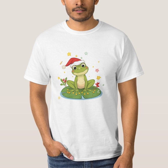 Festive Frog Joy - Cute Christmas Frog on Lily Pad T-Shirt (Front)