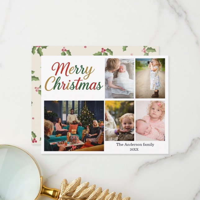 Festive Fun Christmas 5 Photo Holiday Card (Front/Back In Situ)