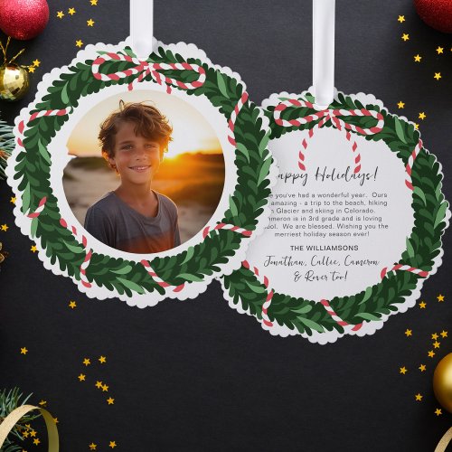 Festive Fun Holiday Wreath Custom Photo Letter Ornament Card