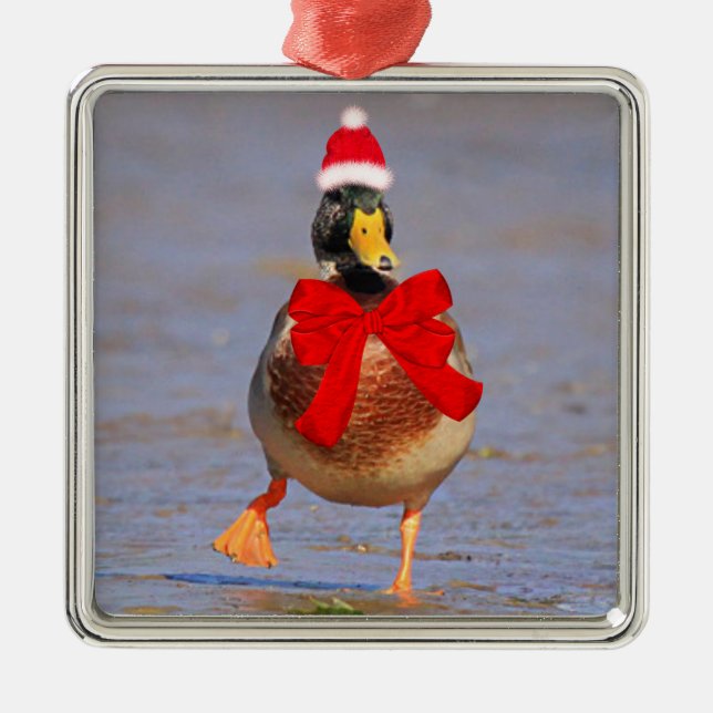 Festive Fun Mallard Duck Christmas Metal Ornament (Front)
