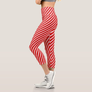 Festive Fun Peppermint Red Candy Cane Stripes Capri Leggings