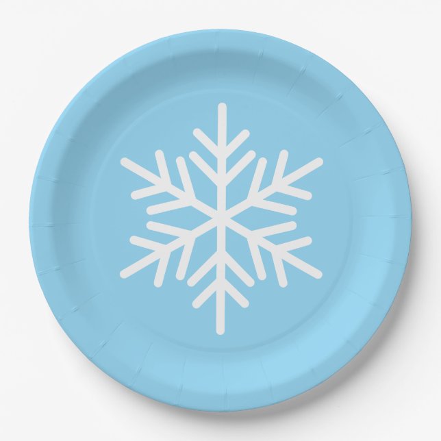 Festive Fun White Alpine Snowflake On Light Blue Paper Plates (Front)