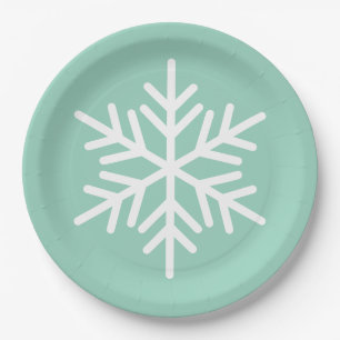 Festive Fun White Alpine Snowflake On Light Teal Paper Plates