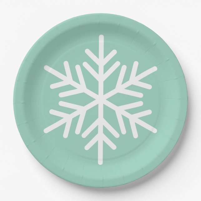 Festive Fun White Alpine Snowflake On Light Teal Paper Plates (Front)