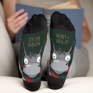 Festive Fun Winter Donkey Illustration Dark Green Socks