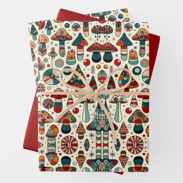 Festive Fungi Wrapping Paper Sheets (In situ)