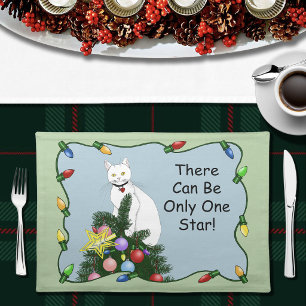 Festive Funny Christmas Tree Funny White Cat Green Cloth Placemat