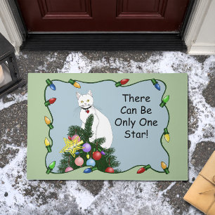 Festive Funny Christmas Tree Funny White Cat Green Doormat