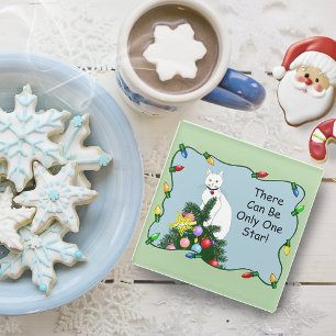 Festive Funny Christmas Tree Funny White Cat Green Glass Coaster