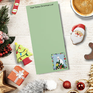 Festive Funny Christmas Tree Funny White Cat Green Magnetic Notepad