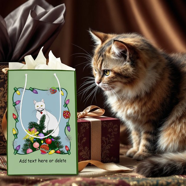 Festive Funny Christmas Tree Funny White Cat Green Medium Gift Bag (Creator Uploaded)