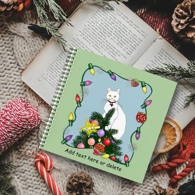 Festive Funny Christmas Tree Funny White Cat Green Notebook (Creator Uploaded)