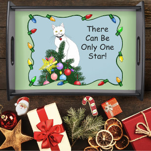 Festive Funny Christmas Tree Funny White Cat Green Serving Tray