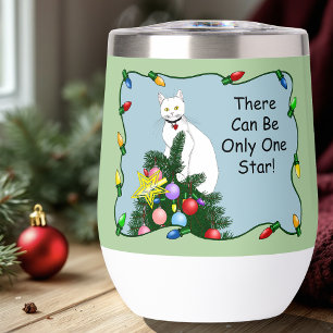 Festive Funny Christmas Tree Funny White Cat Green Thermal Wine Tumbler