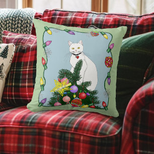 Festive Funny Christmas Tree Funny White Cat Green Throw Pillow