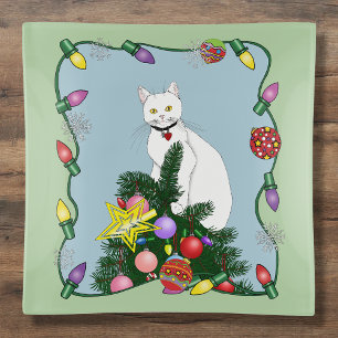 Festive Funny Christmas Tree Funny White Cat Green Trinket Tray