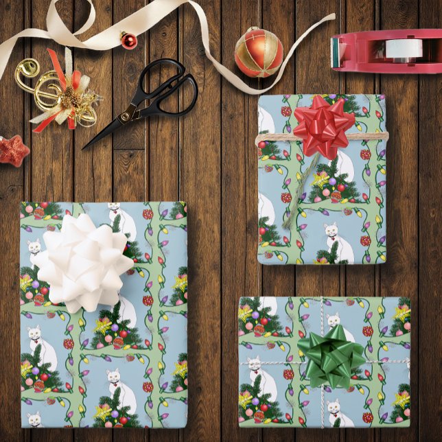 Festive Funny Christmas Tree Funny White Cat Green Wrapping Paper Sheets (Creator Uploaded)