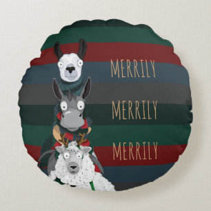 Festive Funny "Merrily" Sheep Donkey Llama Striped Round Pillow