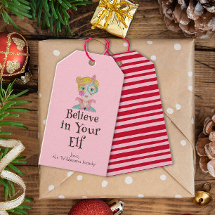Festive Funny Pun Elf Pink Red Stripe Christmas Gift Tags