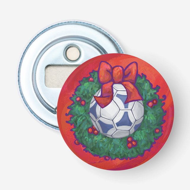 Festive Futbal in Wreath on Red Bottle Opener (Front)