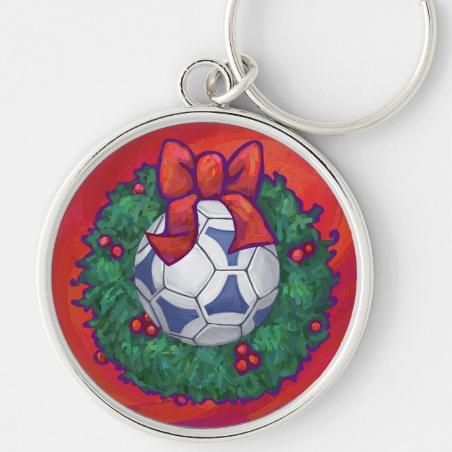 Festive Futbal in Wreath on Red Keychain (Front)
