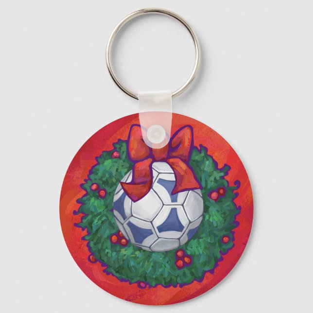 Festive Futbal in Wreath on Red Keychain (Front)