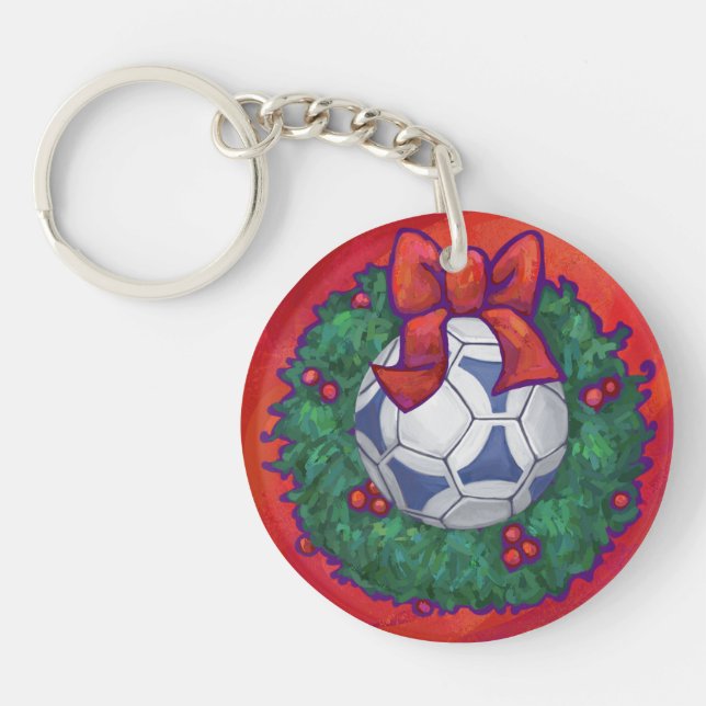 Festive Futbal in Wreath on Red Keychain (Front)