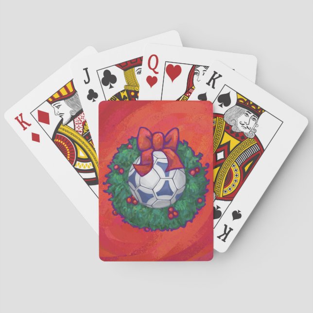 Festive Futbal in Wreath on Red Poker Cards (Back)