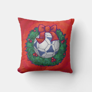 Festive Futbal in Wreath on Red Throw Pillow