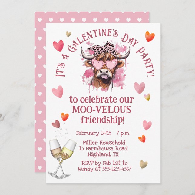 Festive Galentine's Day Hereford Cow Invitation (Front/Back)