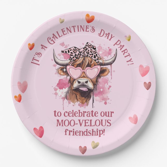 Festive Galentine's Day Hereford Cow Paper Plates (Front)