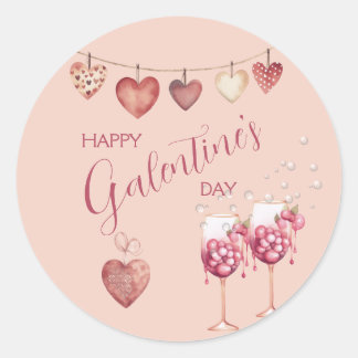 Festive Galentine's Day Wine Glasses and Hearts Classic Round Sticker